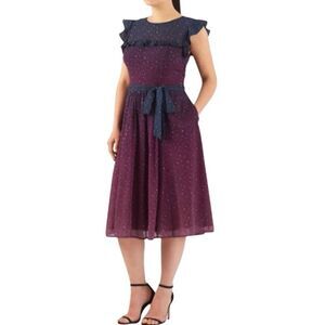 eShakti Purple and Dark Fuchsia Ombré Star Print Georgette Ruffle Midi Dress